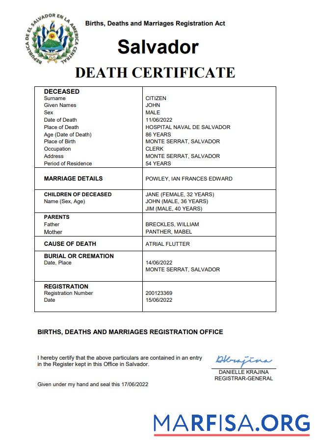 Downloadable Salvador vital record death certificate Word and PDF template